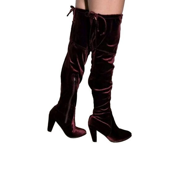 Catherine Malandrino Velva Over  Knee Boots Velvet  7.5 Heeled  Maroon Red EUC - Picture 2 of 16